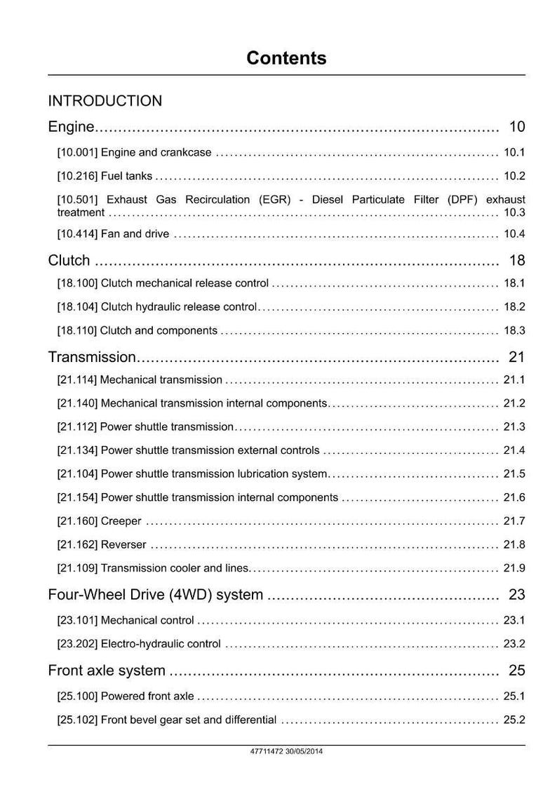 May include: A page from a manual titled "Contents" with a list of engine, clutch, transmission, and four-wheel drive system components. The text is black on a white background.