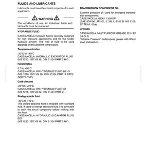 May include: A white page with the title "SECTION 7 LUBRICATION/FILTERS/FLUIDS" and text detailing fluids and lubricants, including hydraulic fluid, transmission component oil, and grease. The page includes warnings and specifications.