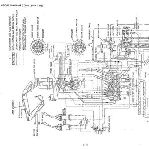 Pode incluir: Um diagrama t&eacute;cnico de circuito hidr&aacute;ulico para uma m&aacute;quina de alavanca longa, com desenhos de linhas pretas sobre fundo branco. Ilustra componentes como o tanque hidr&aacute;ulico, bomba de engrenagens, cilindros e v&aacute;rias v&aacute;lvulas de controle.