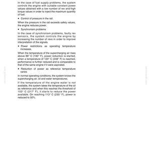 May include: A page from an engine repair manual titled Chapter 2 - 667TA Engine Overhaul. The text details recover strategies for fuel leaks, rail pressure, synchronism problems, and power restrictions based on temperatures from 88&deg; C to 113&deg; C.