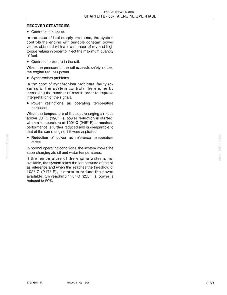 May include: A page from an engine repair manual titled Chapter 2 - 667TA Engine Overhaul. The text details recover strategies for fuel leaks, rail pressure, synchronism problems, and power restrictions based on temperatures from 88&deg; C to 113&deg; C.