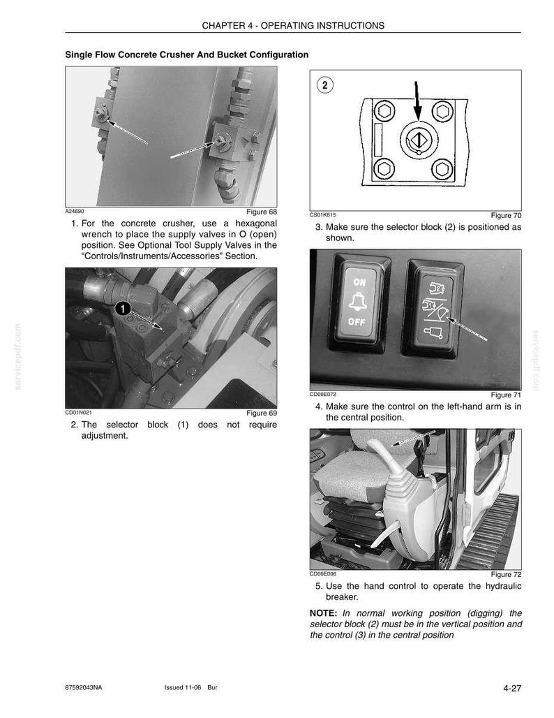 May include: A grayscale diagram from an operating instructions manual. The diagram shows various components and controls, including a selector block, control arm, and hydraulic breaker. Text includes instructions for operation and positioning.