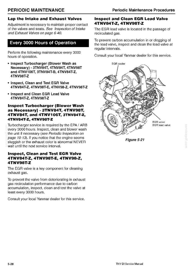 May include: A technical document page titled Periodic Maintenance featuring text instructions for engine service and a black and white line drawing labeled Figure 5-21 showing a Yanmar engine with labels for the EGR cooler, EGR valve, and EGR lead valve.