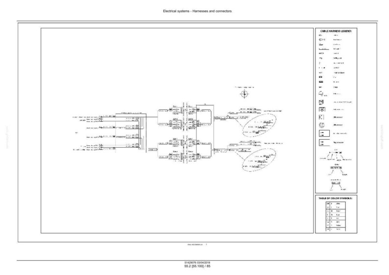 May include: A black and white technical diagram titled "Electrical systems - Harnesses and connectors." The diagram includes lines, symbols, and text boxes. A legend and a table of colour symbols are on the right. The document includes the text "55.2 (55.100) / 65."