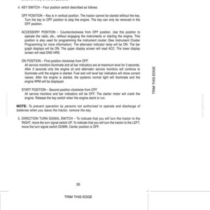 May include: A technical manual page titled INSTRUMENTS/CONTROLS, numbered 35, detailing the operation of a tractor key switch with OFF, ACCESSORY, ON, and START positions, and instructions for the direction turn signal switch.