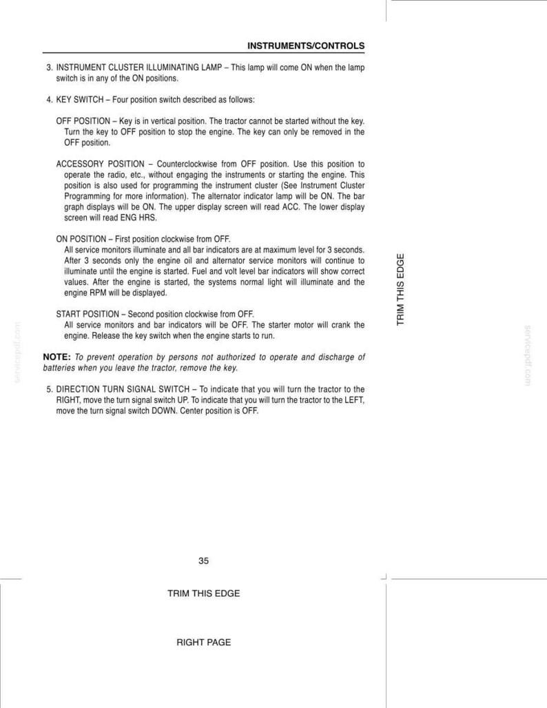 May include: A technical manual page titled INSTRUMENTS/CONTROLS, numbered 35, detailing the operation of a tractor key switch with OFF, ACCESSORY, ON, and START positions, and instructions for the direction turn signal switch.