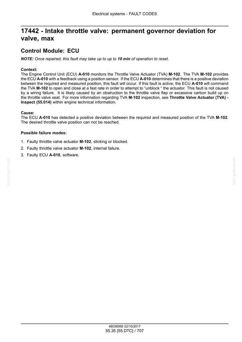 Puede incluir: Documento t&eacute;cnico que detalla los c&oacute;digos de falla para sistemas el&eacute;ctricos. El texto describe el c&oacute;digo de falla 17442, relacionado con la v&aacute;lvula de mariposa de admisi&oacute;n, incluyendo contexto, causa y posibles modos de falla. Incluye informaci&oacute;n t&eacute;cnica y pasos de diagn&oacute;stico.