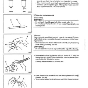 May include: Diagram of an injection nozzle with instructions for inspection, disassembly, and cleaning. Includes illustrations of tools and steps, with text in English. The diagram shows the nozzle and its components.