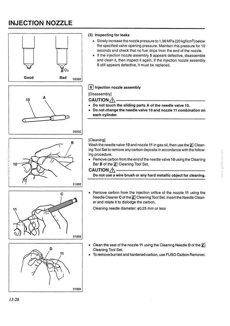 May include: Diagram of an injection nozzle with instructions for inspection, disassembly, and cleaning. Includes illustrations of tools and steps, with text in English. The diagram shows the nozzle and its components.