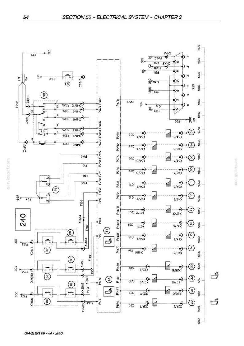 May include: Diagram of an electrical system, with labels and symbols. The diagram includes various components, such as fuses, connectors, and relays, with numerical references and text labels. The title is "SECTION 55 - ELECTRICAL SYSTEM - CHAPTER 3".
