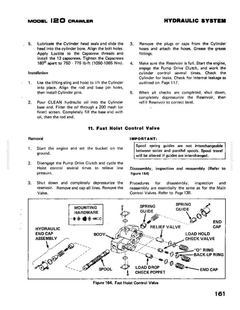 Puede incluir: Diagrama del sistema hidr&aacute;ulico para un Modelo 120 Crawler, con componentes etiquetados como el conjunto de la tapa de extremo hidr&aacute;ulico, el cuerpo, la bobina y varias v&aacute;lvulas. Tambi&eacute;n se incluyen instrucciones y especificaciones.