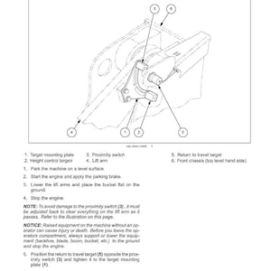 May include: Diagram of a front loader bucket hydraulic system with adjustment instructions. Includes labeled components like the target mounting plate, proximity switch, and lift arm. Text details height control and return to travel adjustment.