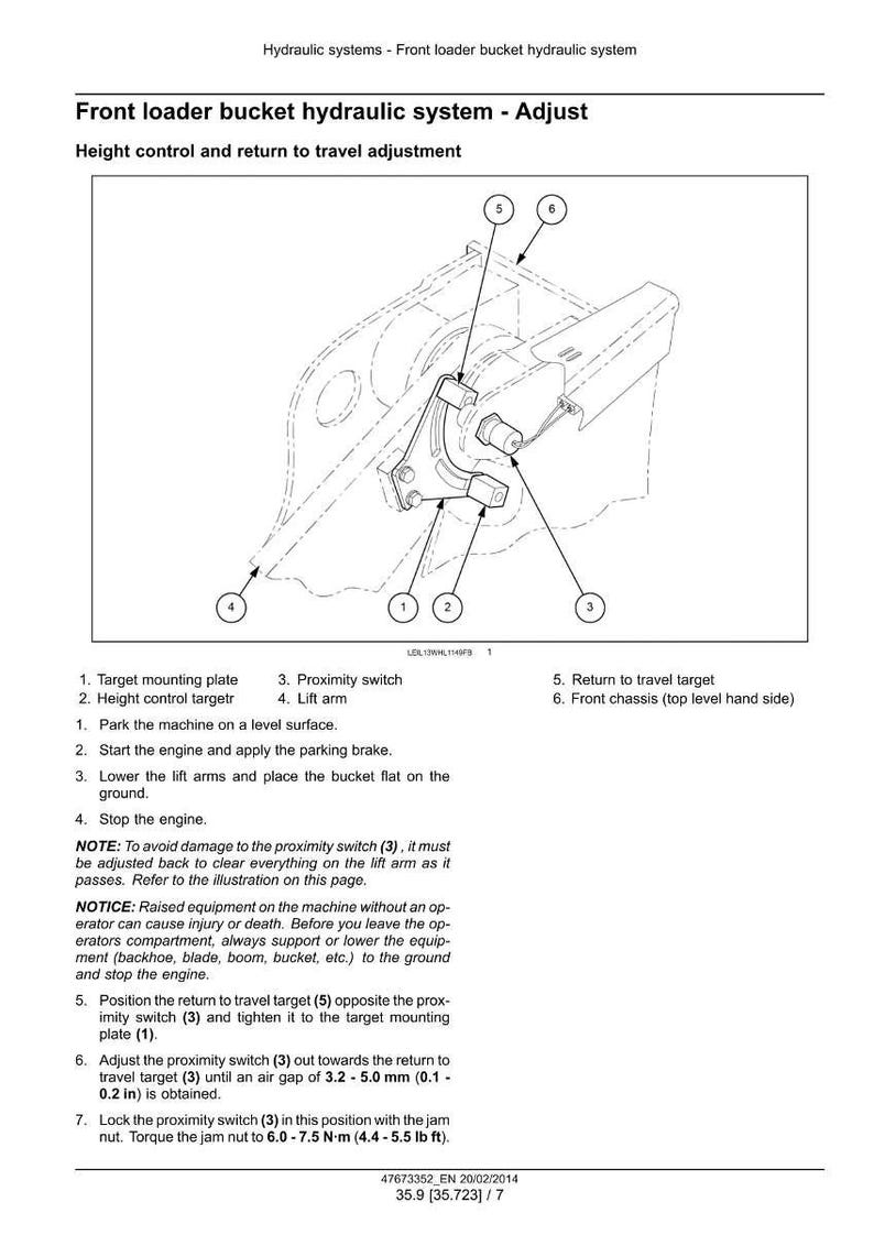 May include: Diagram of a front loader bucket hydraulic system with adjustment instructions. Includes labeled components like the target mounting plate, proximity switch, and lift arm. Text details height control and return to travel adjustment.