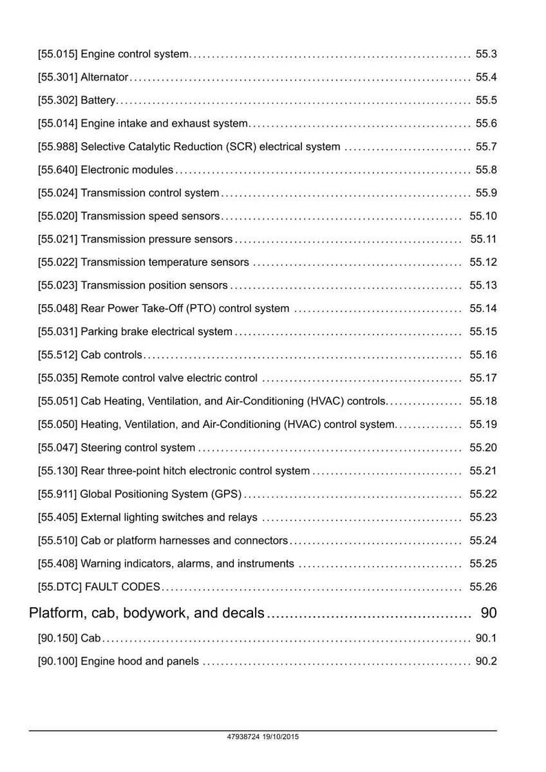 May include: A detailed page from a manual, listing various vehicle systems and components. The text includes engine control, transmission, electrical systems, and more. The document is dated 19/10/2015.