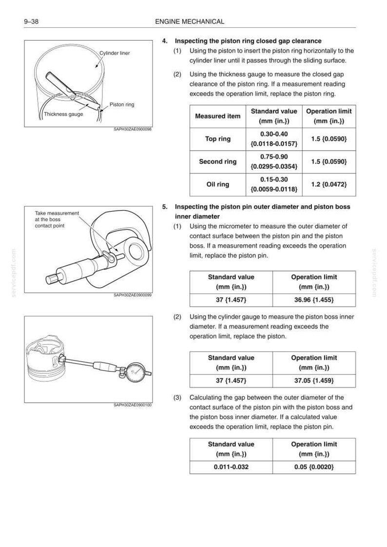 May include: A technical manual page titled Engine Mechanical, featuring diagrams for inspecting piston ring closed gap clearance and piston pin outer diameter. It includes tables with standard values and operation limits in mm and inches.