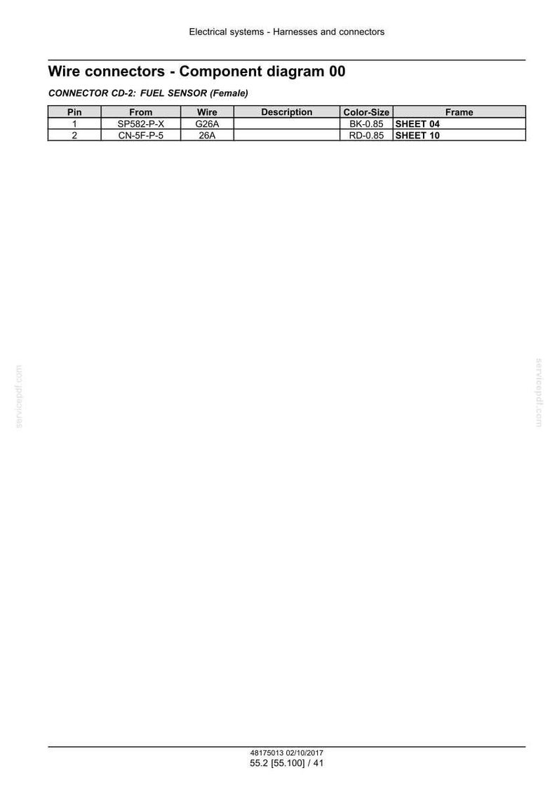 May include: Diagram of wire connectors for a fuel sensor. The component diagram includes a table with pin, wire, color-size, and frame information. The text at the top reads "Electrical systems - Harnesses and connectors".