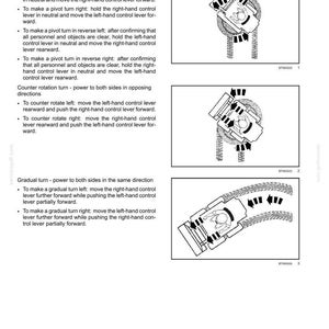 Pu&ograve; includere: Una pagina di manuale tecnico intitolata 3 - CONTROLS AND INSTRUMENTS, Turning the machine. Contiene istruzioni testuali e tre diagrammi in bianco e nero che mostrano un operatore che utilizza le leve di comando per eseguire manovre di svolta.