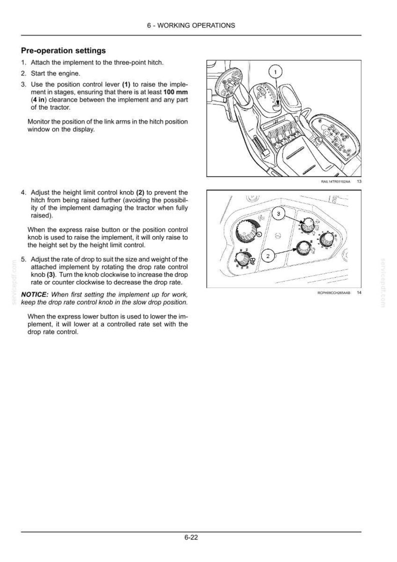 Pu&ograve; includere: Una pagina di manuale tecnico intitolata 6-WORKING OPERATIONS che descrive le impostazioni pre-operative di un trattore. Include due disegni al tratto in bianco e nero di una console di controllo con leve e manopole numerate 1, 2 e 3.