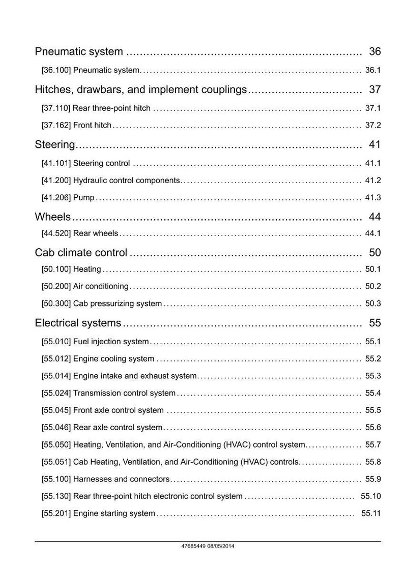 May include: A detailed table of contents from a manual, listing various systems and components. Sections include Pneumatic System, Steering, Wheels, Cab Climate Control, and Electrical Systems. The document is dated 08/05/2014.
