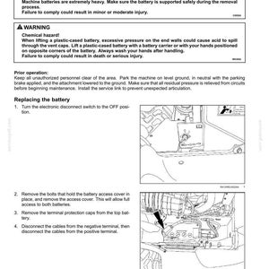 May include: Diagram showing battery removal and installation instructions. Includes safety warnings about heavy parts and chemical hazards. Steps involve turning off the disconnect switch and removing bolts. Text includes "Battery removal and installation".