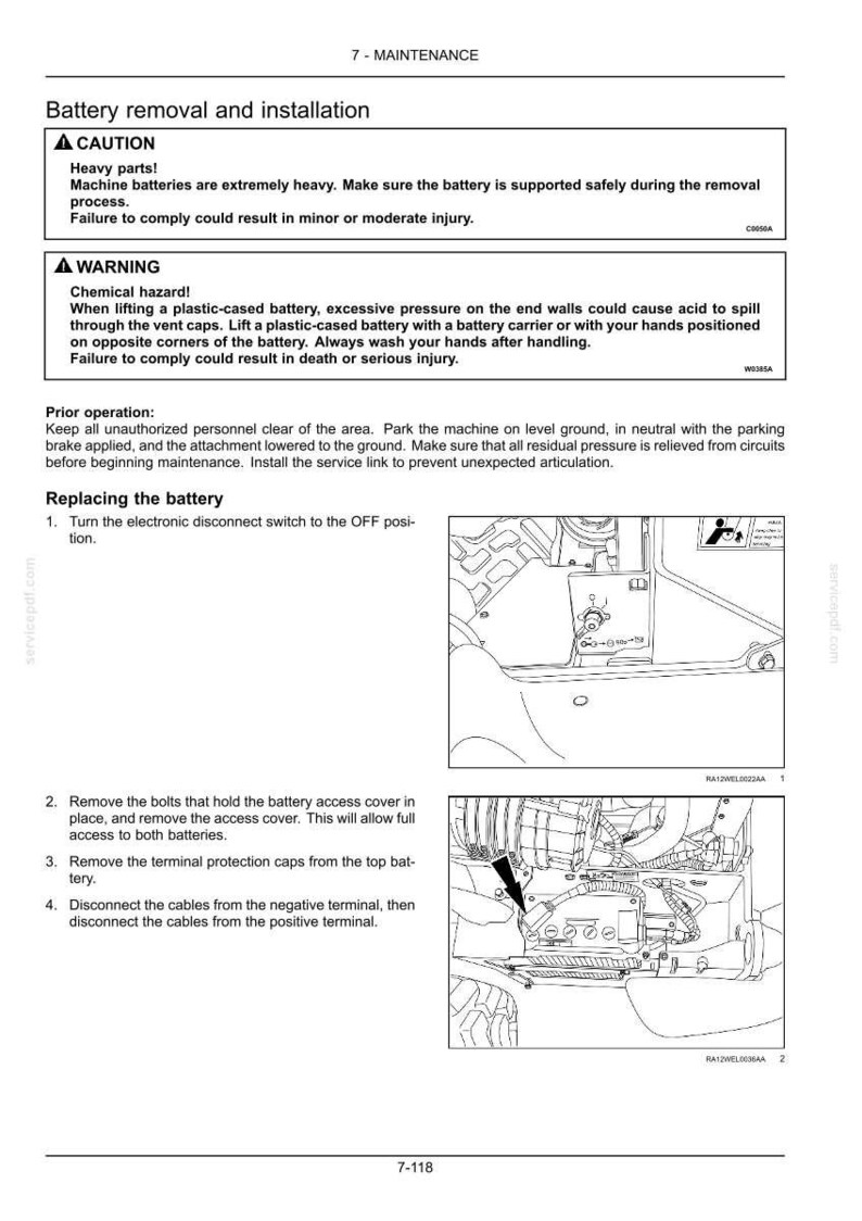 May include: Diagram showing battery removal and installation instructions. Includes safety warnings about heavy parts and chemical hazards. Steps involve turning off the disconnect switch and removing bolts. Text includes "Battery removal and installation".