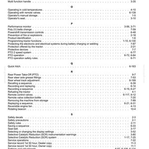Puede incluir: Una p&aacute;gina de &iacute;ndice en blanco y negro de un manual t&eacute;cnico, que enumera temas desde Machine stability hasta Steering en orden alfab&eacute;tico. Cada entrada incluye un n&uacute;mero de p&aacute;gina correspondiente a la derecha, organizado bajo los encabezados O, P, Q, R y S.