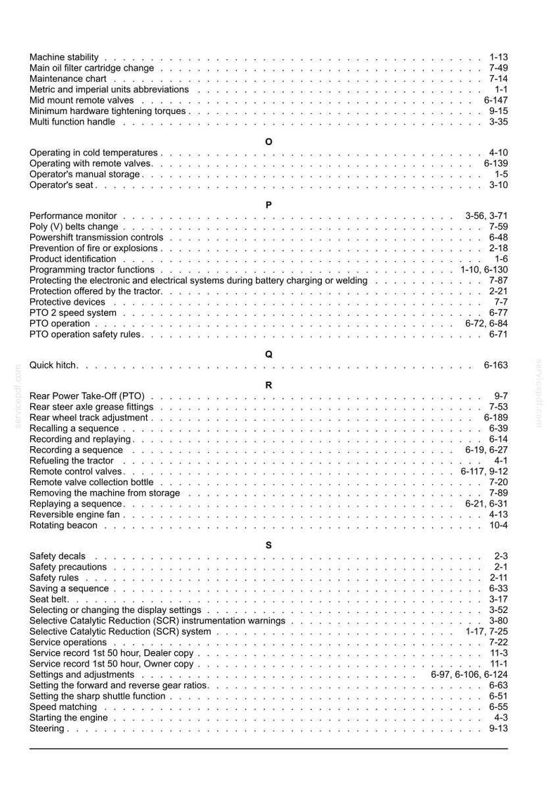 Puede incluir: Una p&aacute;gina de &iacute;ndice en blanco y negro de un manual t&eacute;cnico, que enumera temas desde Machine stability hasta Steering en orden alfab&eacute;tico. Cada entrada incluye un n&uacute;mero de p&aacute;gina correspondiente a la derecha, organizado bajo los encabezados O, P, Q, R y S.