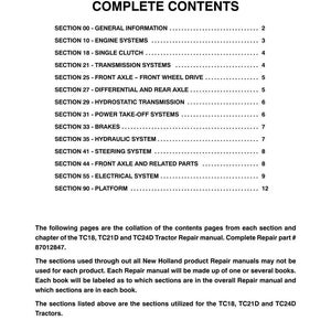 May include: A white document page titled TC18, TC21D, TC24D REPAIR MANUAL COMPLETE CONTENTS. It lists sections from 00 to 90, including engine, transmission, and electrical systems. Text at the bottom references New Holland and part number 87012847.