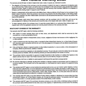 Pode incluir: Um documento a preto e branco intitulado New Holland Warranty Detail. O texto descreve as obriga&ccedil;&otilde;es de garantia, procedimentos de repara&ccedil;&atilde;o e condi&ccedil;&otilde;es espec&iacute;ficas n&atilde;o cobertas, incluindo artigos de fornecedores, uso indevido e manuten&ccedil;&atilde;o.