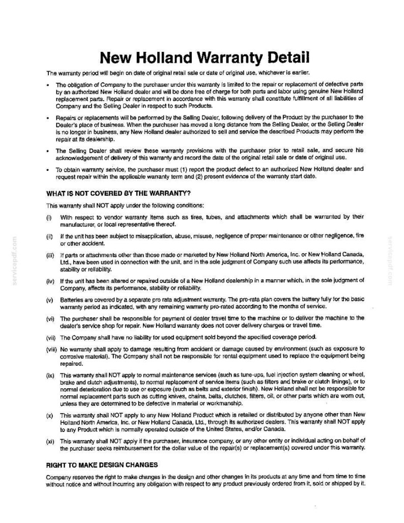 Pode incluir: Um documento a preto e branco intitulado New Holland Warranty Detail. O texto descreve as obriga&ccedil;&otilde;es de garantia, procedimentos de repara&ccedil;&atilde;o e condi&ccedil;&otilde;es espec&iacute;ficas n&atilde;o cobertas, incluindo artigos de fornecedores, uso indevido e manuten&ccedil;&atilde;o.