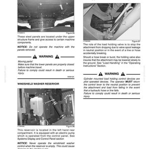 May include: Page from a manual with diagrams and text. Sections include "Lower Panels," "Hose Burst Check Valve," and "Windshield Washer Reservoir." Warnings about moving parts and operating procedures are present. The manual is for a CASE machine.