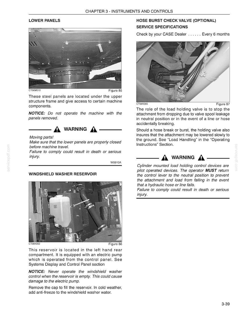 May include: Page from a manual with diagrams and text. Sections include "Lower Panels," "Hose Burst Check Valve," and "Windshield Washer Reservoir." Warnings about moving parts and operating procedures are present. The manual is for a CASE machine.