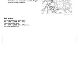 May include: Diagram from a maintenance manual showing engine components, including belts and pulleys. Instructions detail belt tension adjustment using a breaker bar. Text provides torque specifications in both Newton-meters and pound-feet.