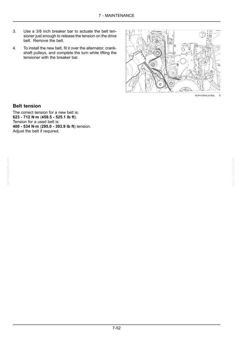 May include: Diagram from a maintenance manual showing engine components, including belts and pulleys. Instructions detail belt tension adjustment using a breaker bar. Text provides torque specifications in both Newton-meters and pound-feet.
