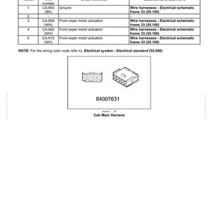 Pu&ograve; includere: Un documento tecnico intitolato Electrical systems - Harnesses and connectors, contenente una tabella per il cablaggio principale della cabina verso il tergicristallo anteriore. Elenca numeri di cavi e schemi per il connettore X-075, parte 84007631.