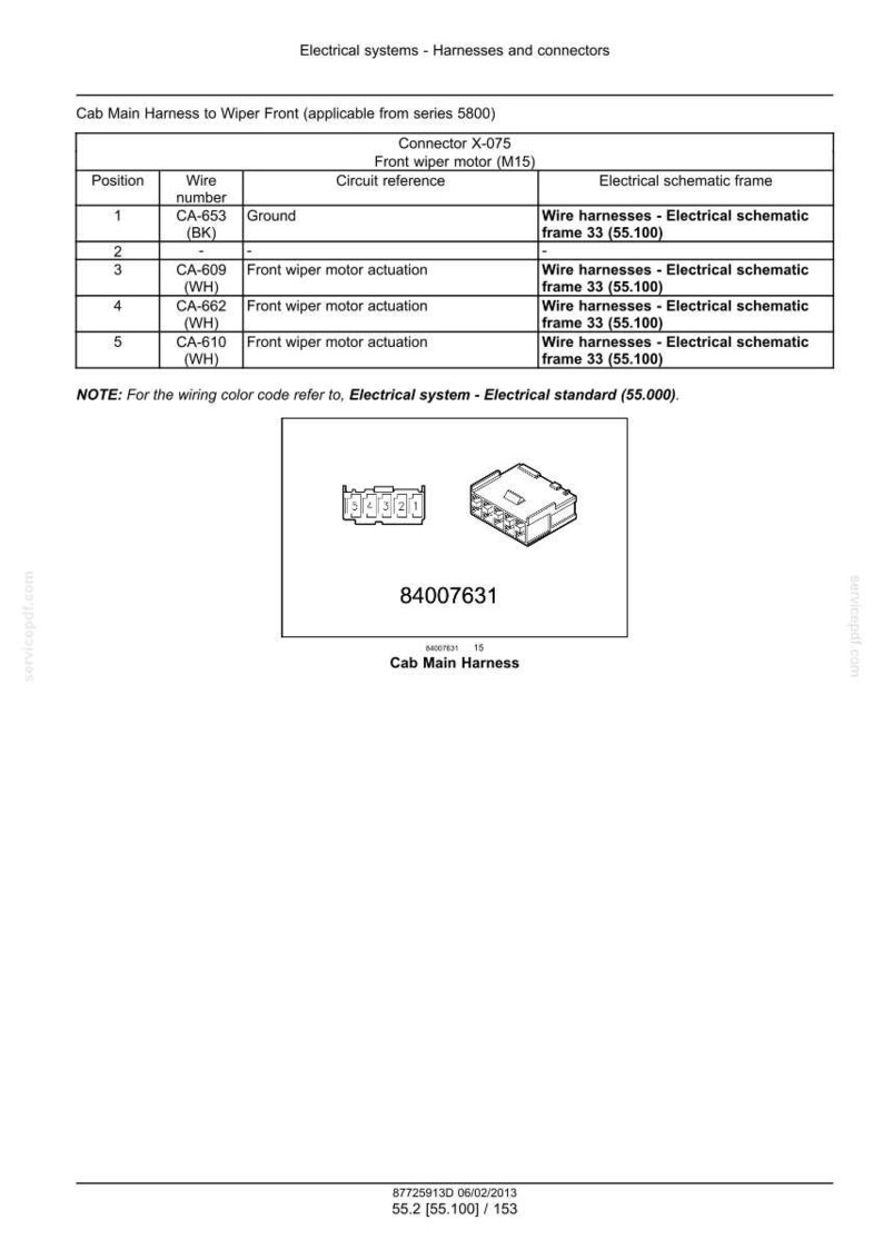 Pu&ograve; includere: Un documento tecnico intitolato Electrical systems - Harnesses and connectors, contenente una tabella per il cablaggio principale della cabina verso il tergicristallo anteriore. Elenca numeri di cavi e schemi per il connettore X-075, parte 84007631.