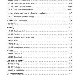 May include: A page from a manual with a table of contents. The document lists various components and systems, including hydraulic pumps, steering control, wheels, and cab climate control. The text is black on a white background.