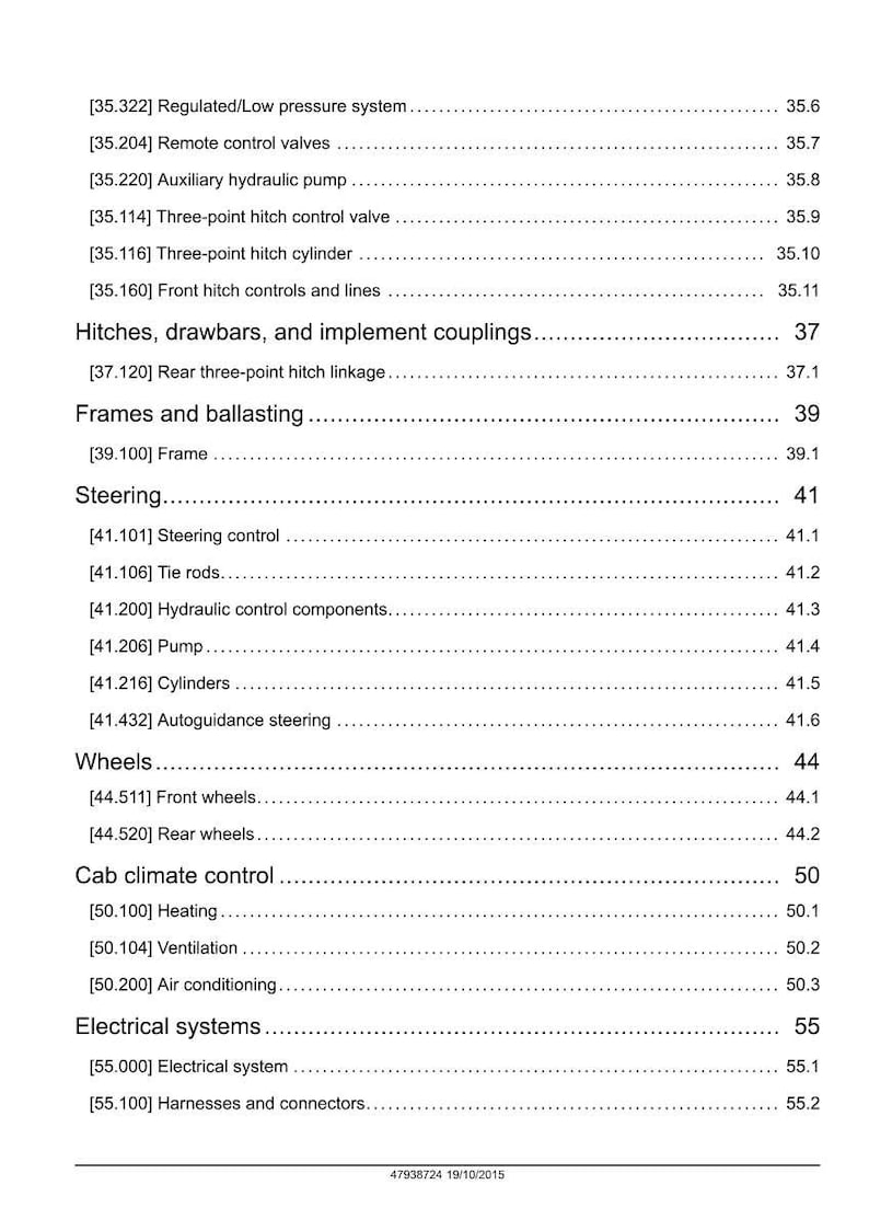 May include: A page from a manual with a table of contents. The document lists various components and systems, including hydraulic pumps, steering control, wheels, and cab climate control. The text is black on a white background.