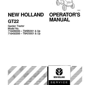 Op de afbeelding: Een zwart-wit handleiding voor de New Holland GT22 tuintractor met een lijntekening van een tractor, modelnummers 716499006 en 716450006, publicatienummer 42682300 gedateerd 10/97 en een New Holland Service-logo in een vierkant kader op de voorzijde.