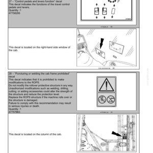 May include: Diagrams of safety decals for heavy machinery. Includes illustrations of control pedals, prohibited modifications to the cab frame, and safety warnings. Text indicates decal locations and safety information.