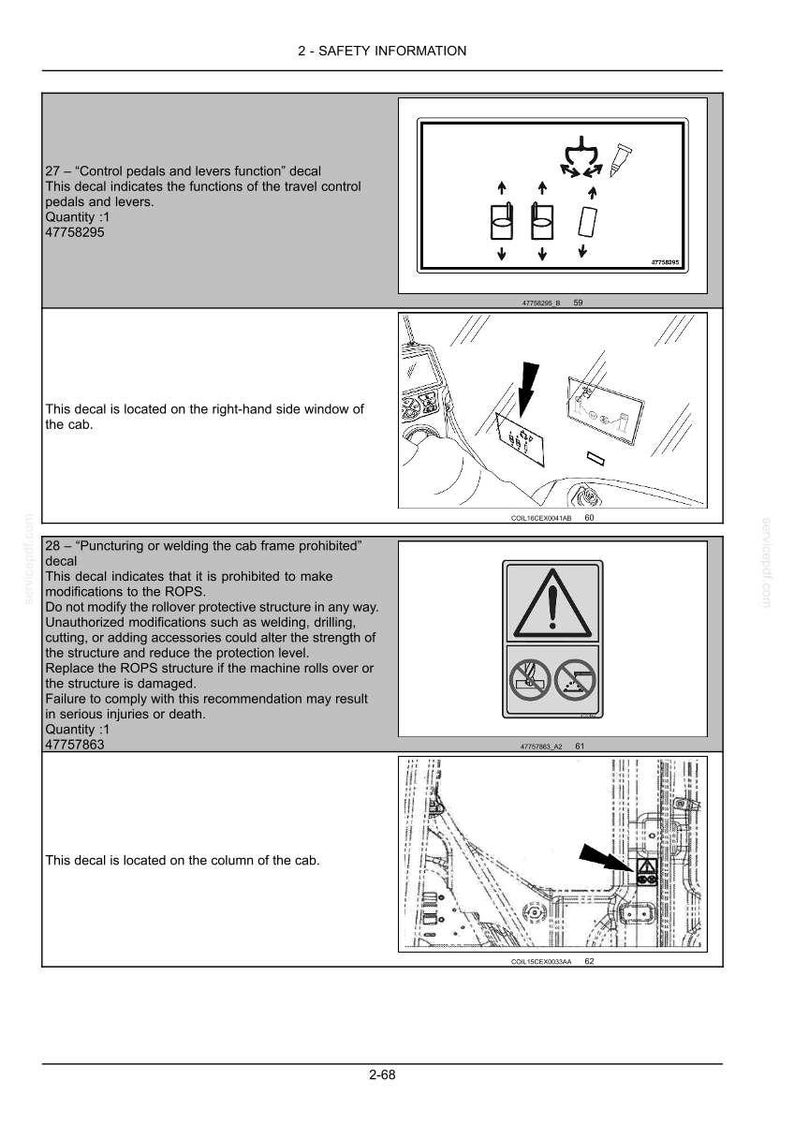 May include: Diagrams of safety decals for heavy machinery. Includes illustrations of control pedals, prohibited modifications to the cab frame, and safety warnings. Text indicates decal locations and safety information.