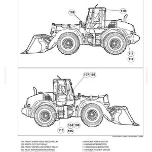 K&ouml;nnte beinhalten: Ein technisches Diagramm mit dem Titel CAB WINDOW WASHER AND WIPER SYSTEM, das zwei Seitenansichten eines Bauladers mit nummerierten Komponenten zeigt. Eine Liste unten identifiziert Teile wie den Frontwischermotor und Relais.