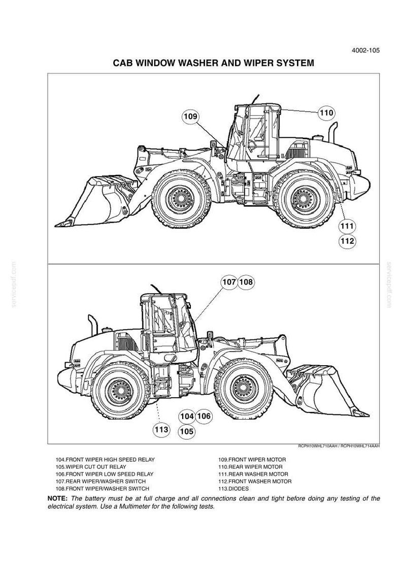 K&ouml;nnte beinhalten: Ein technisches Diagramm mit dem Titel CAB WINDOW WASHER AND WIPER SYSTEM, das zwei Seitenansichten eines Bauladers mit nummerierten Komponenten zeigt. Eine Liste unten identifiziert Teile wie den Frontwischermotor und Relais.