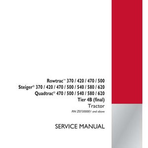May include: A service manual with a white background and red accents. The manual includes the text "Rowtrac, Steiger, Quadtrac, Tier 4B (final) Tractor, Service Manual". The Case IH Agriculture logo is in the bottom right corner.