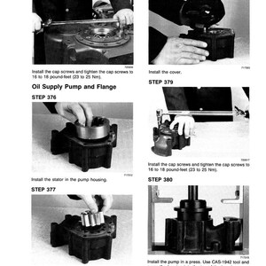 May include: A grayscale technical manual page with instructions for assembling an oil supply pump and flange. The steps include installing cap screws, the stator, the rotor, and the cover. The text includes measurements in pound-feet and Newton meters.