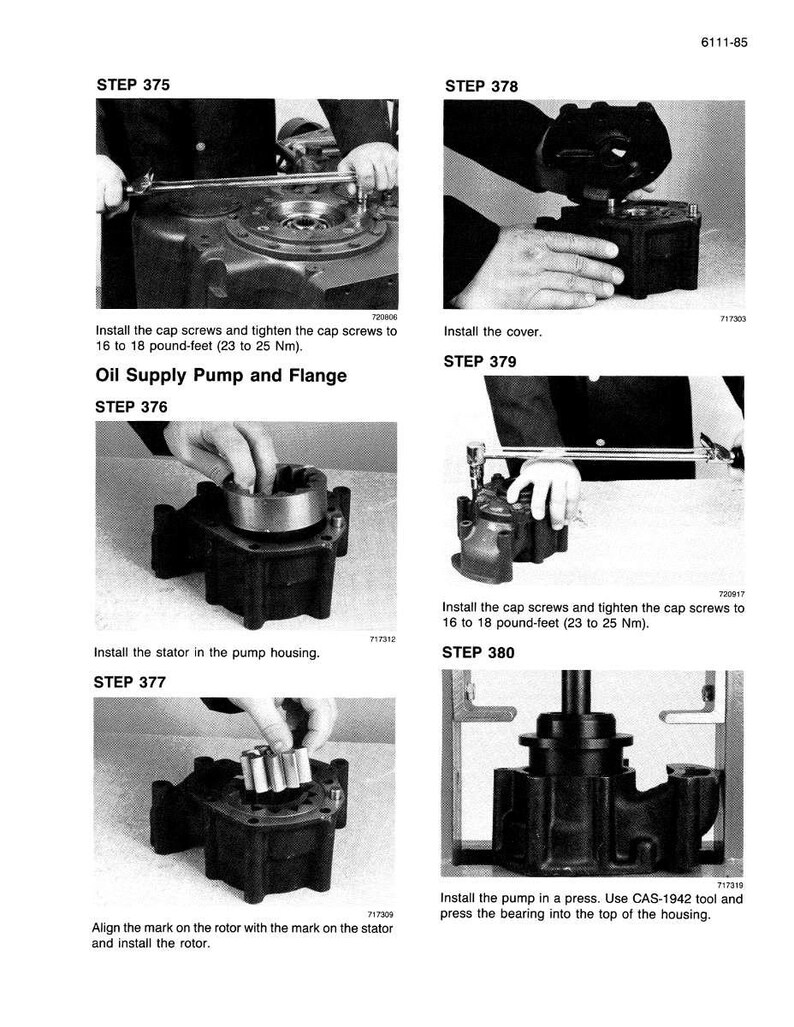 May include: A grayscale technical manual page with instructions for assembling an oil supply pump and flange. The steps include installing cap screws, the stator, the rotor, and the cover. The text includes measurements in pound-feet and Newton meters.