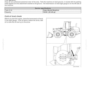 May include: Diagram of a Case Akcela Nexplore machine with instructions for checking the transmission oil level. The image includes a diagram of the machine and specifications, including a capacity of 18.90 liters (20 US qt).