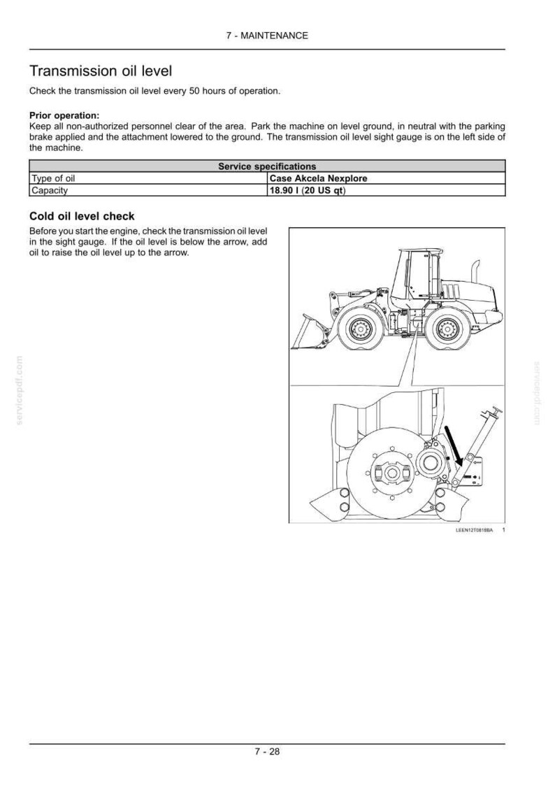 May include: Diagram of a Case Akcela Nexplore machine with instructions for checking the transmission oil level. The image includes a diagram of the machine and specifications, including a capacity of 18.90 liters (20 US qt).