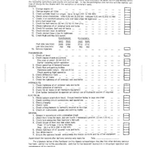 May include: A printed document titled "LOADER FIRST AFTER DELIVERY SERVICE PURCHASER'S COPY" with a checklist for tractor maintenance, including engine, transmission, and hydraulic checks. The document includes measurements in inches and pounds.