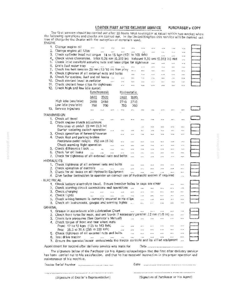May include: A printed document titled "LOADER FIRST AFTER DELIVERY SERVICE PURCHASER'S COPY" with a checklist for tractor maintenance, including engine, transmission, and hydraulic checks. The document includes measurements in inches and pounds.